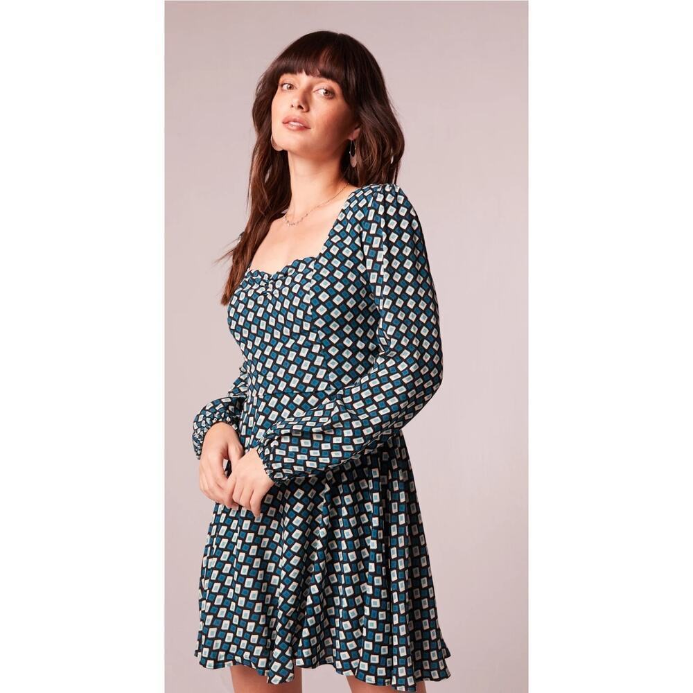 Band of the Free Genevieve Teal Diamond mini puff sleeve dress NWT Size Small